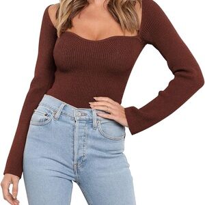 Ribbed Sweetheart Neck Long Sleeve Top - Brown